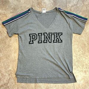 PINK Gray V-Neck Tee with rainbow sleeves